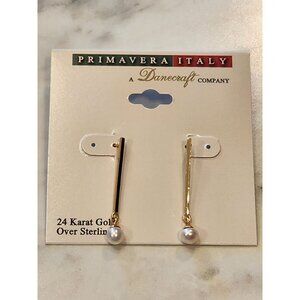 24K Gold Over Sterling Silver Faux Pearl Drop Earrings Primavera Italy Danecraft